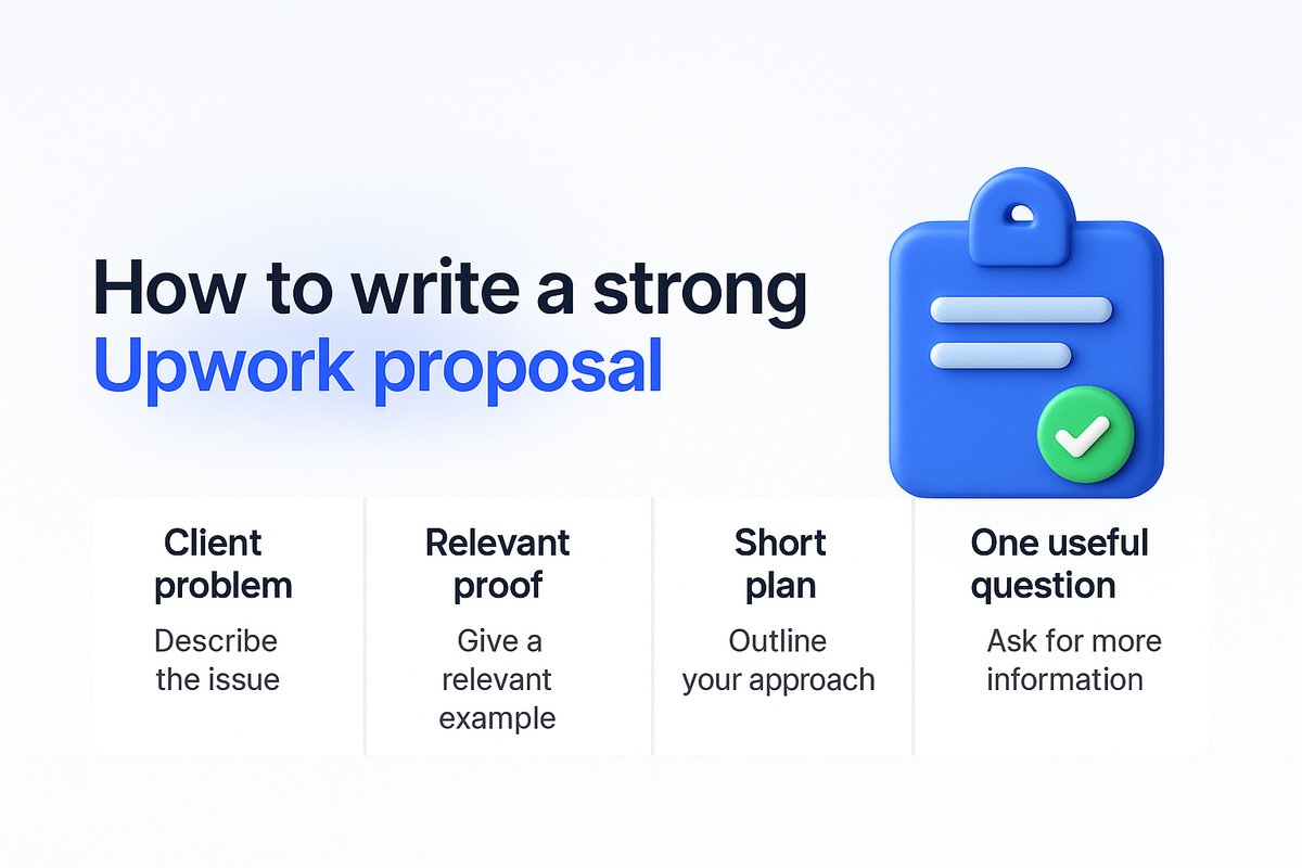 Clear four-step horizontal process diagram for a strong Upwork proposal: Client problem, Relevant proof, Short plan, One useful question. Each step has a concise label and one-line explanation. Clean editorial infographic with readable text; no unsupported performance claims.