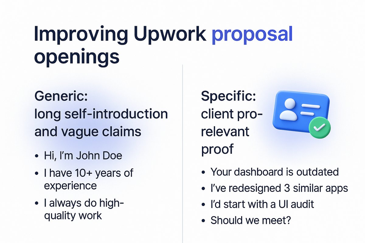 Editorial side-by-side comparison of two fictional Upwork proposal openings. Left column labeled Generic: long self-introduction and vague claims. Right column labeled Specific: client problem, relevant proof, first action, and one question. Use only short sample phrases, clear visual hierarchy, and no fabricated client outcomes.